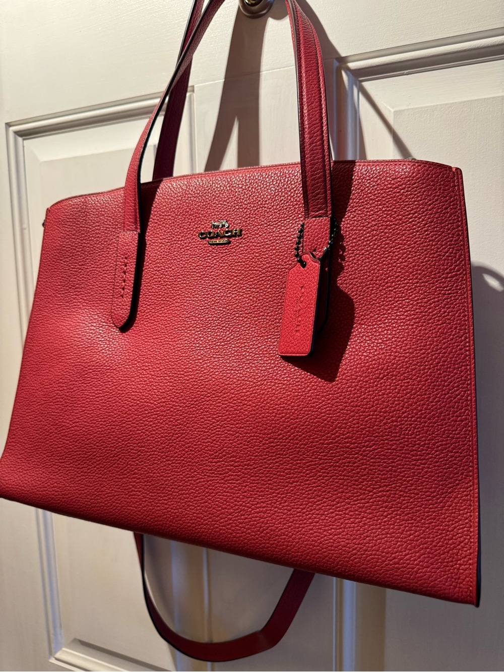 Coach Red Pebble Leather Tote with Signature Hangtag